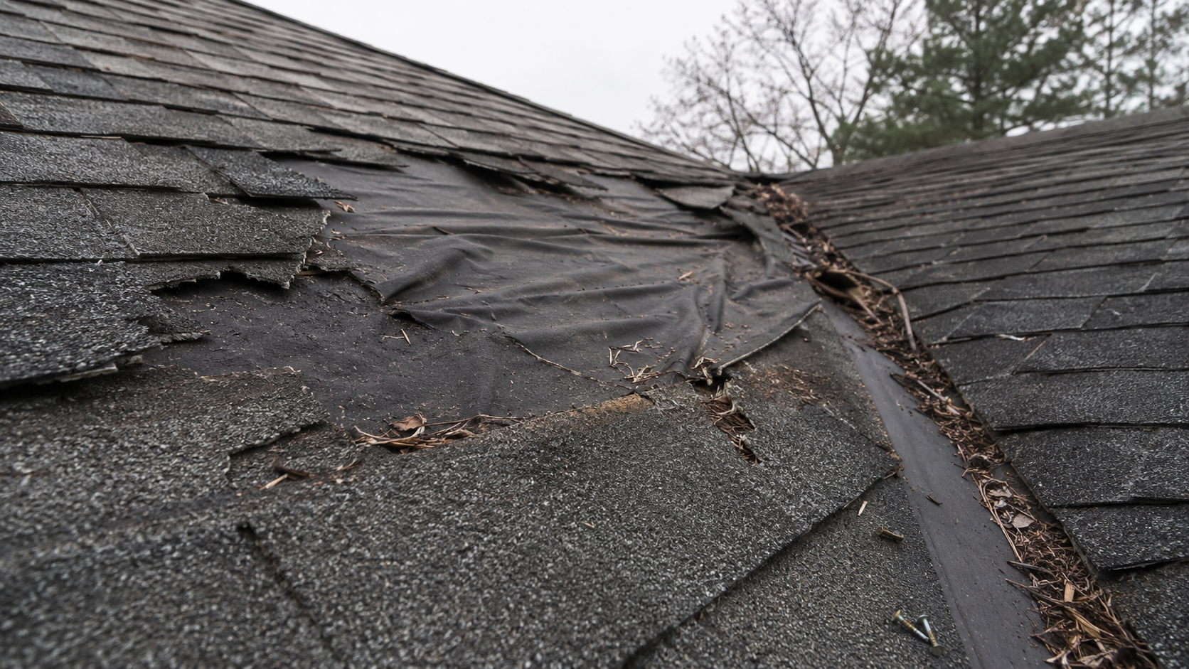 Wind-damaged asphalt shingles on a Cincinnati-area roof after a storm