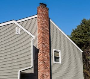 A side view of a home with grey siding and a red, brick chimney stack 