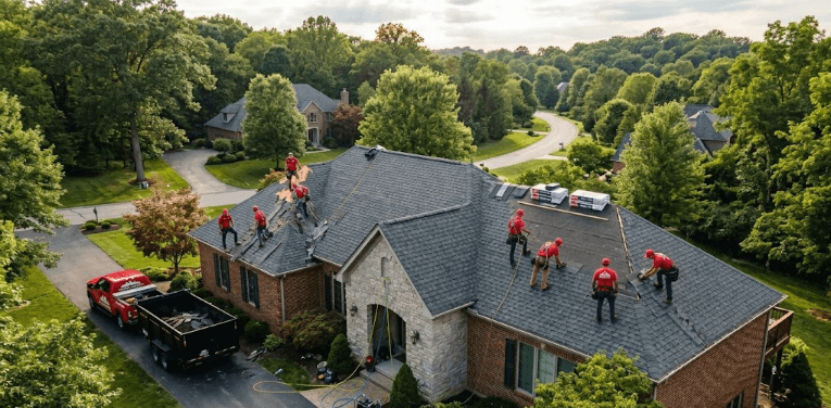 Parker Roofing crew installing a new roof on a Cincinnati home