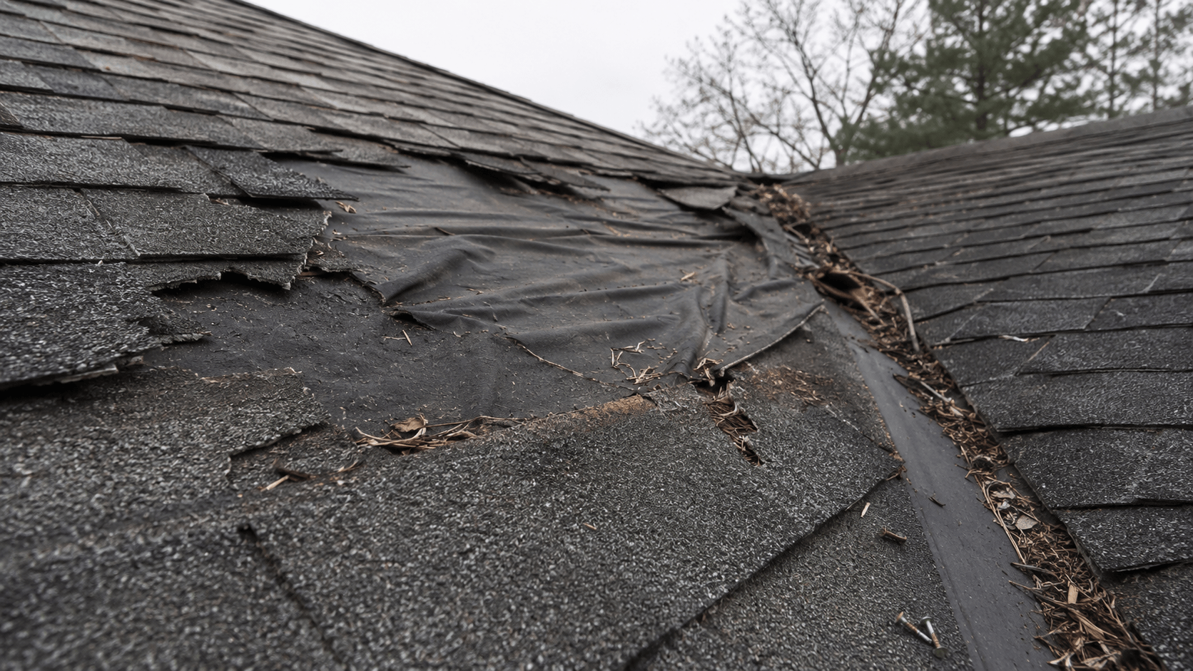Storm damage to a Cincinnati home roof before repair by Parker Roofing